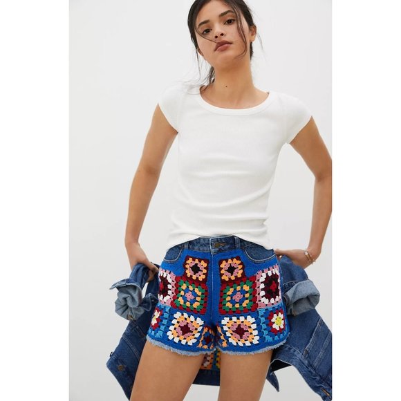 Anthropologie Farm Rio Ultra High-Rise Crochet Denim Shorts - Picture 2 of 6